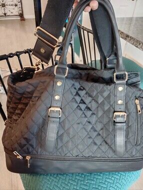 Quilted Black Carryall Tote Bag with Gold Hardware